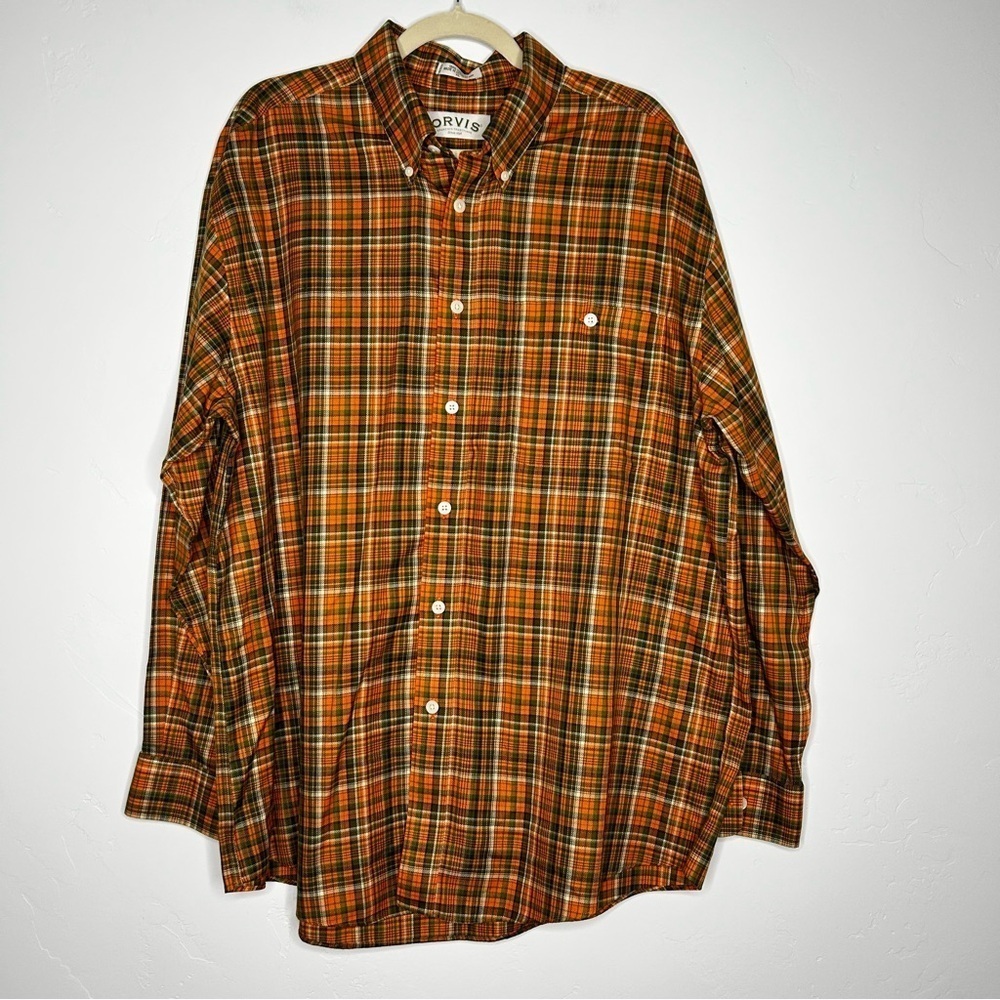 Orvis Orange Green Plaid Button Down Top‎ Size XL Fall Autumn Office Outdoor